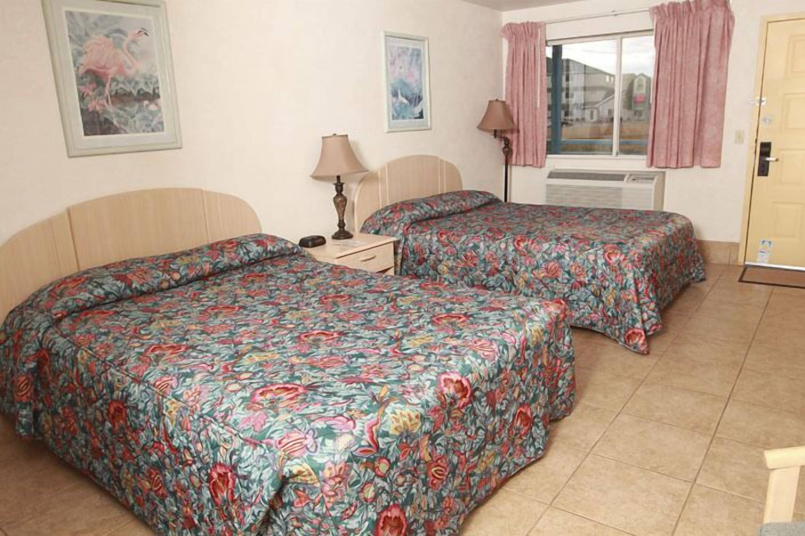 A room with two beds, a nightstand, a lamp, and a window with curtains.