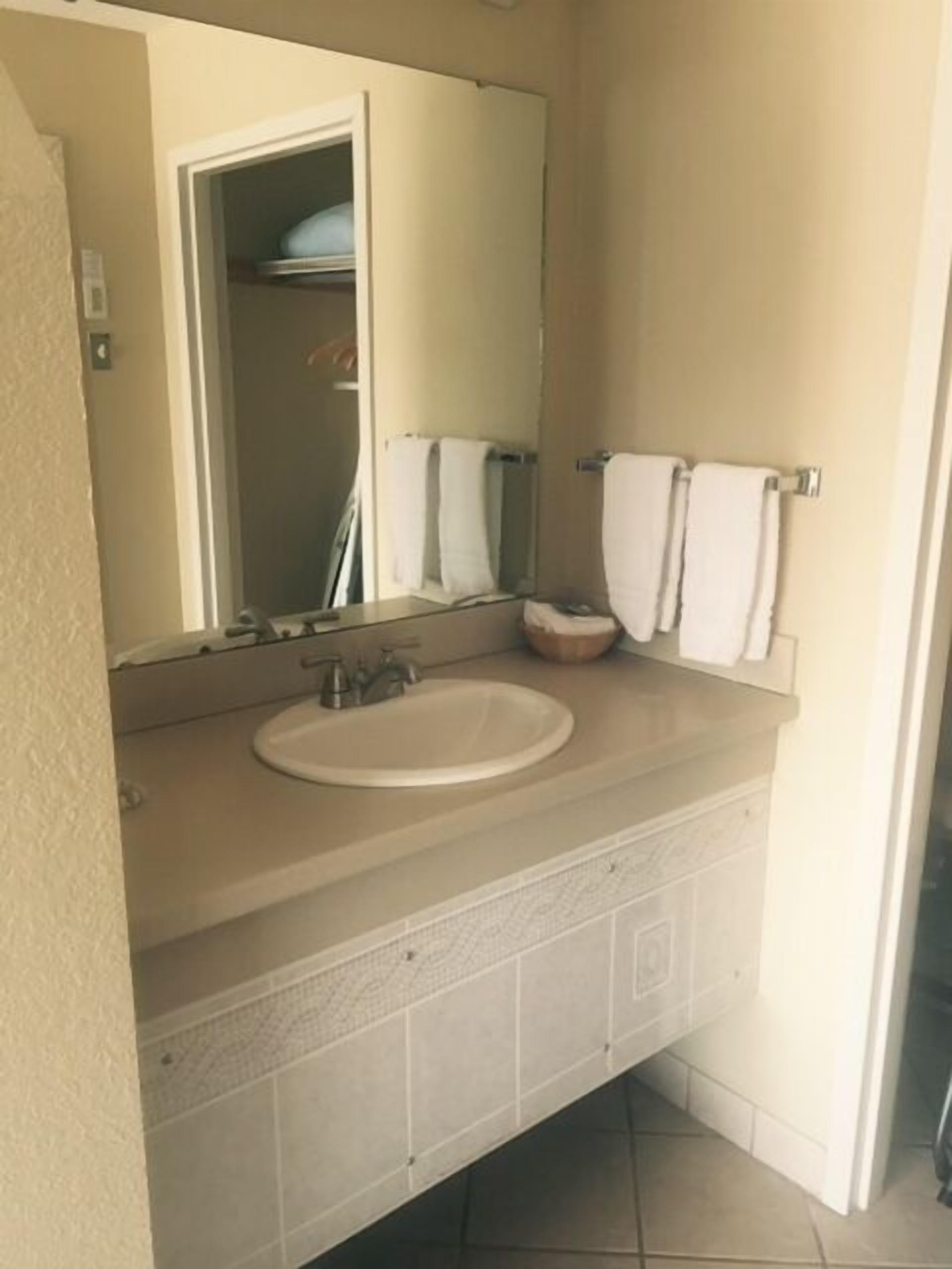 A bathroom with a beige sink, a mirror, and a towel rack.