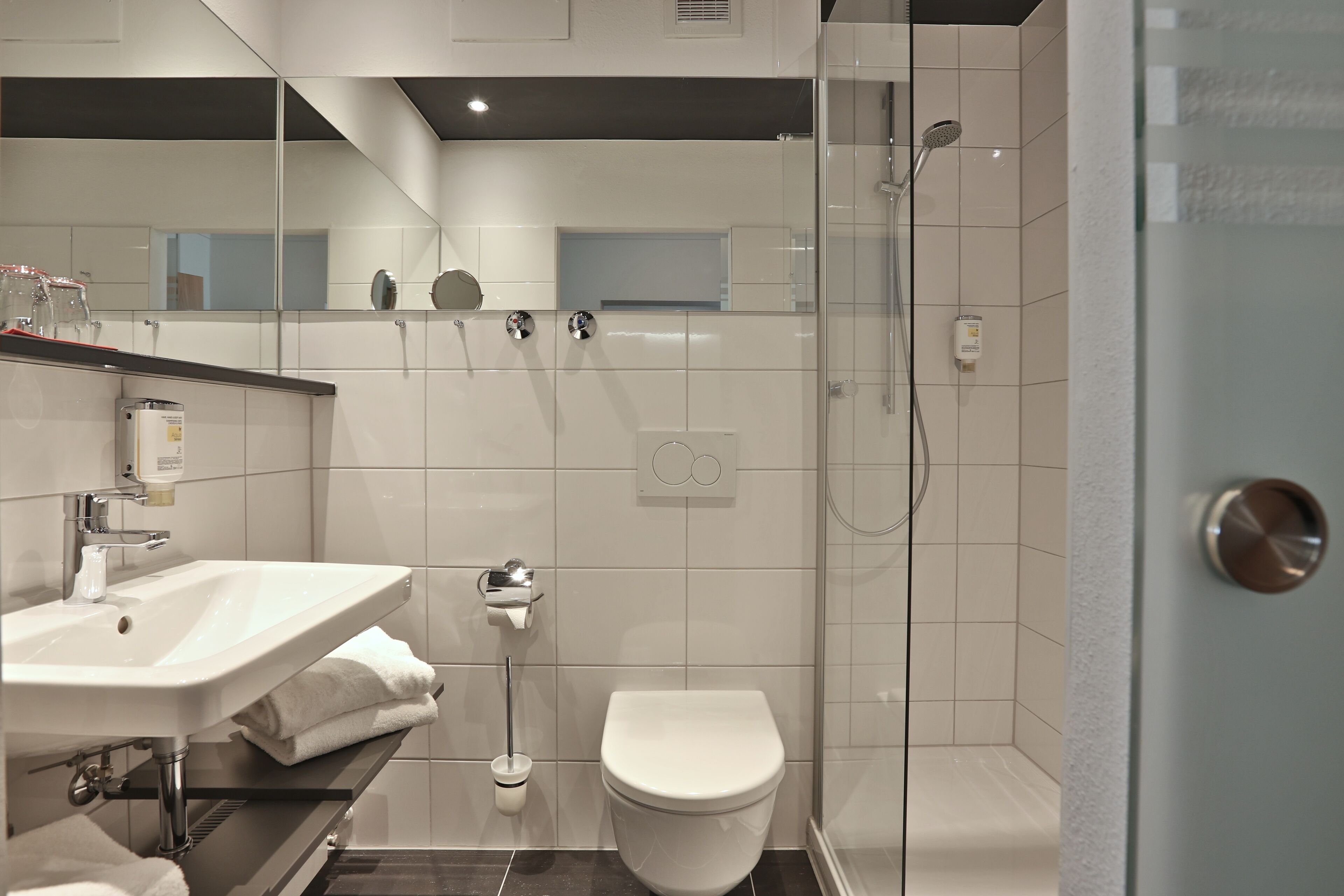 A modern bathroom with a glass-enclosed shower, a white sink, and a toilet.
