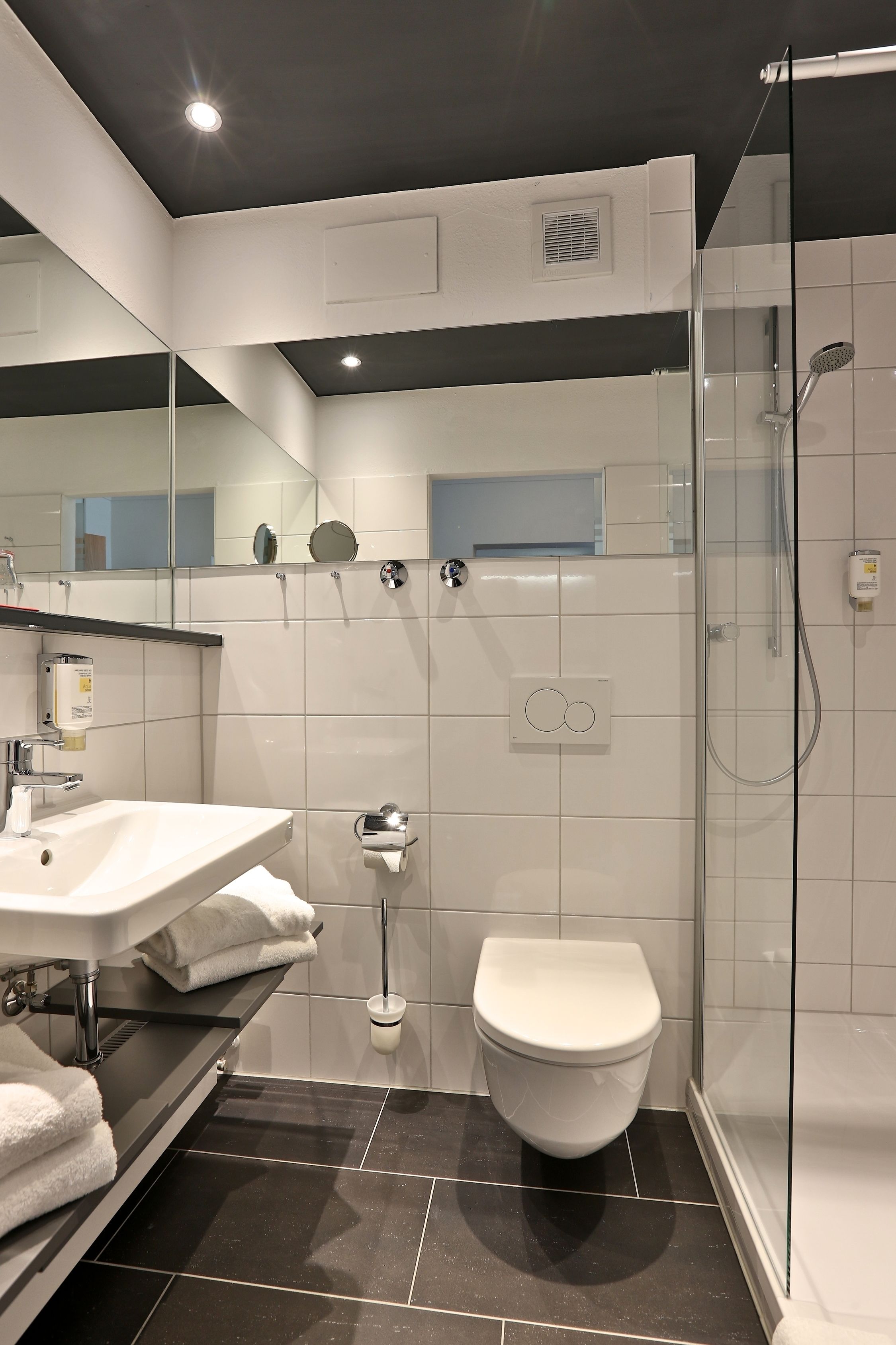 Ein modernes Badezimmer mit einer Duschkabine, einer weißen Toilette und einem Waschtisch mit Spiegel und Handtuchhalter.