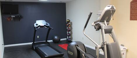 A home gym with a treadmill, elliptical, and exercise balls.