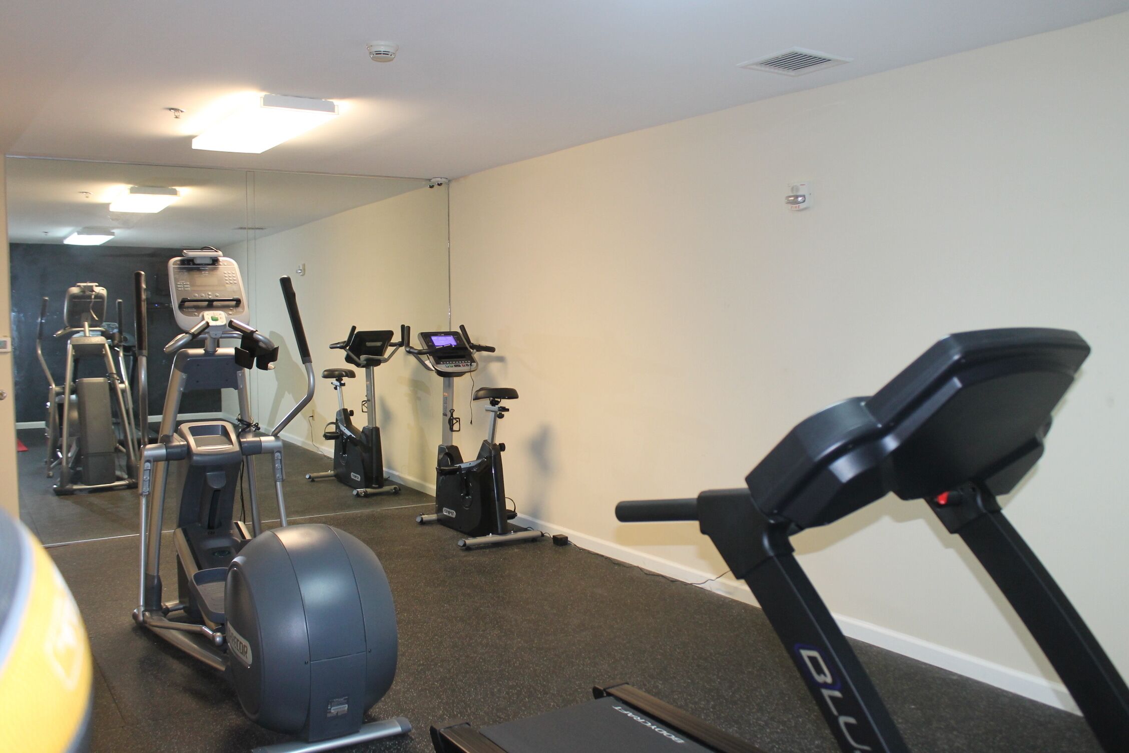 Un gimnasio con equipos de ejercicio variados, incluyendo cintas de correr, elípticas y máquinas de pesas.