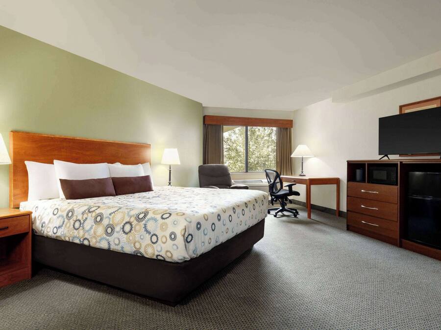 Habitación de hotel con una cama grande, dos mesitas de noche con lámparas, un escritorio con silla, televisor y armario.