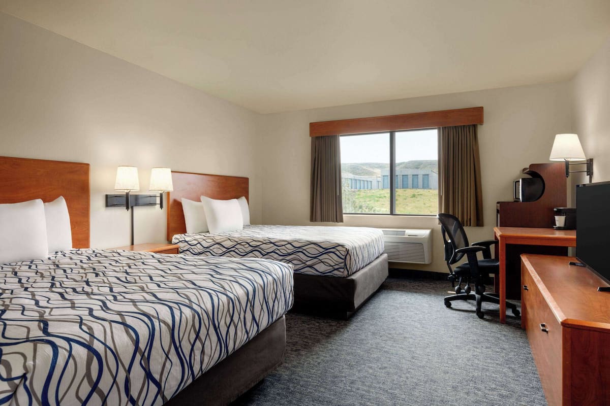 A hotel room with two beds, a desk, a chair, a TV, and a window with a view of a building.