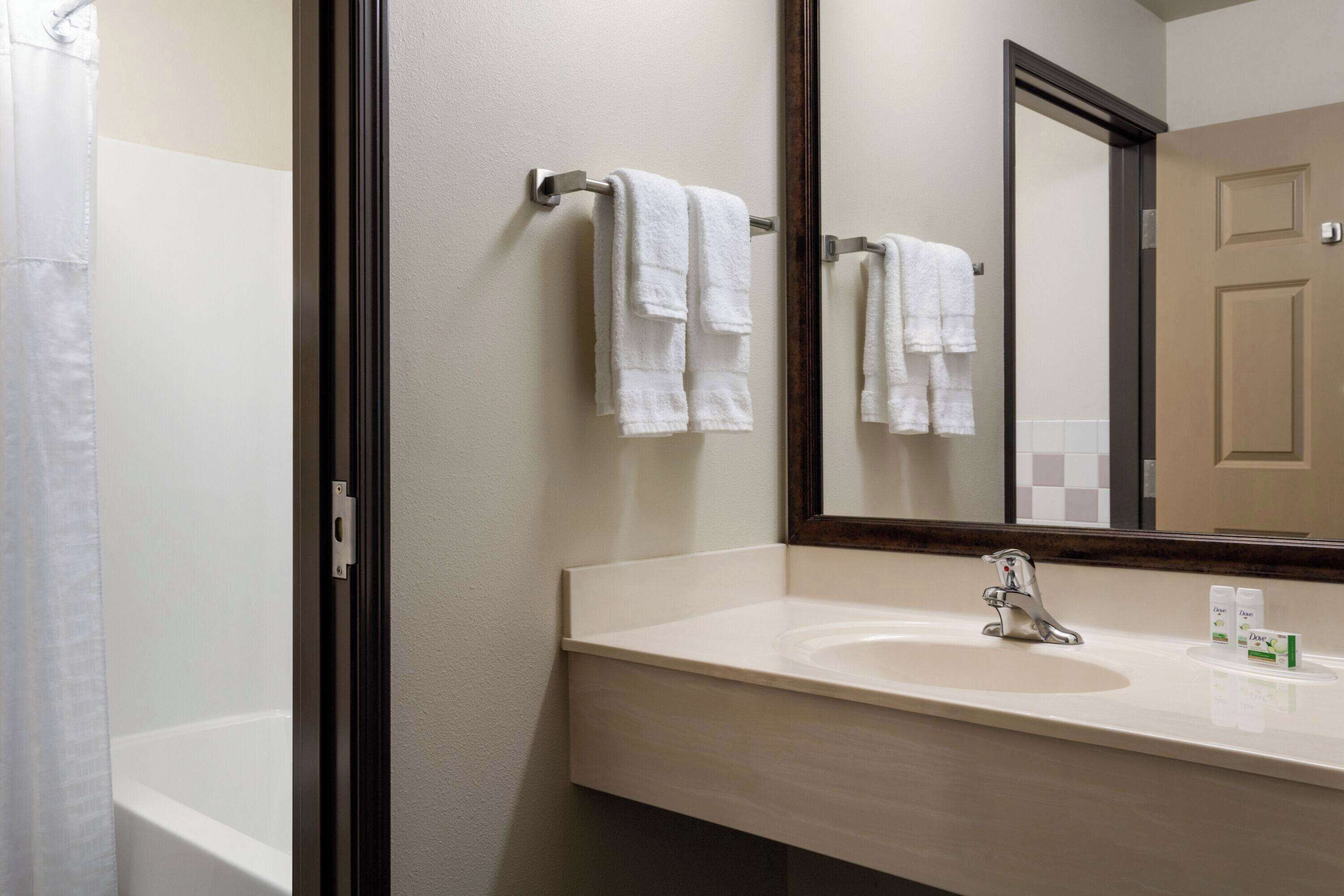 combined shower/bathtub, free toiletries, hair dryer, towels