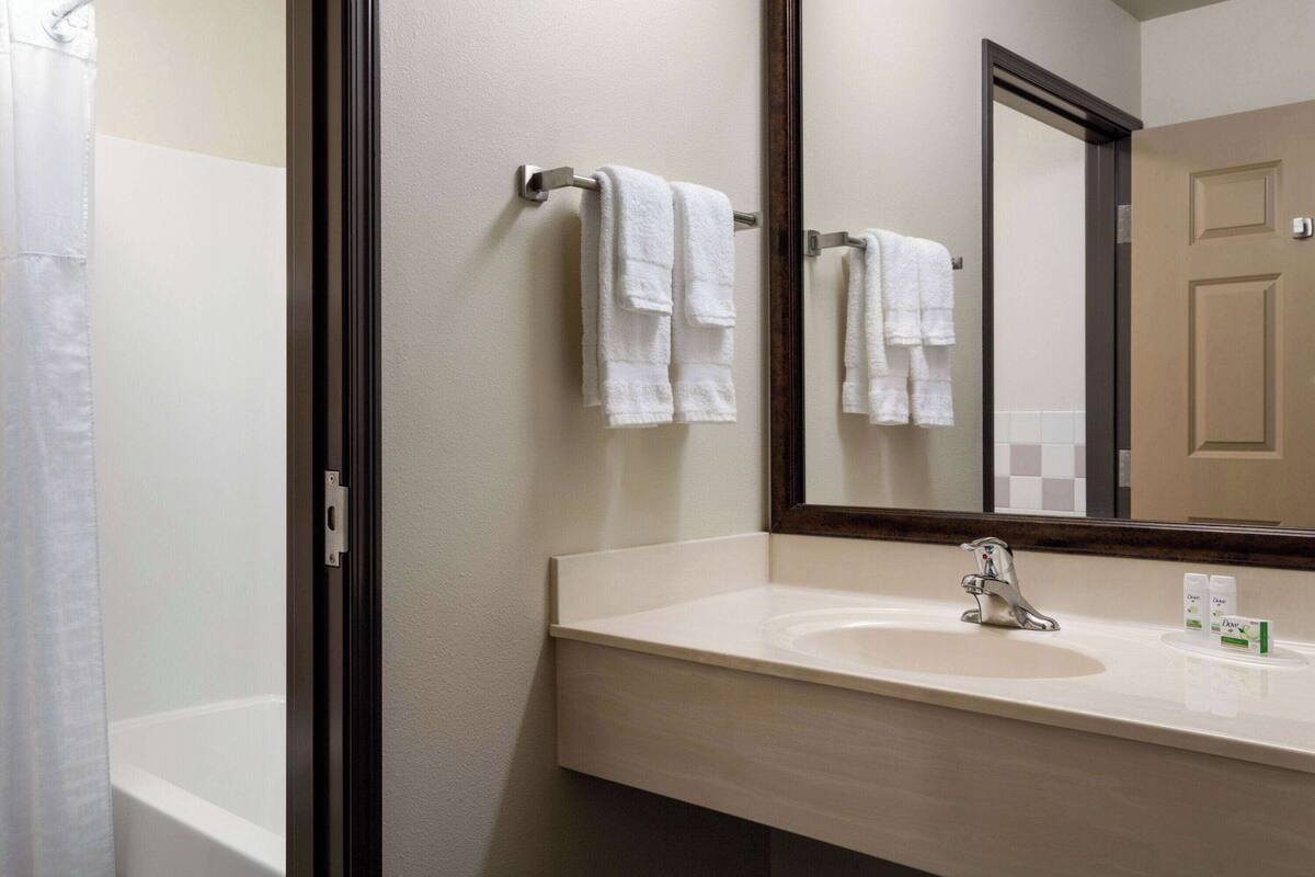 combined shower/bathtub, free toiletries, hair dryer, towels