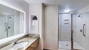 Bathroom features a granite countertop, white sink, large mirror, glass shower enclosure, and storage cabinet.