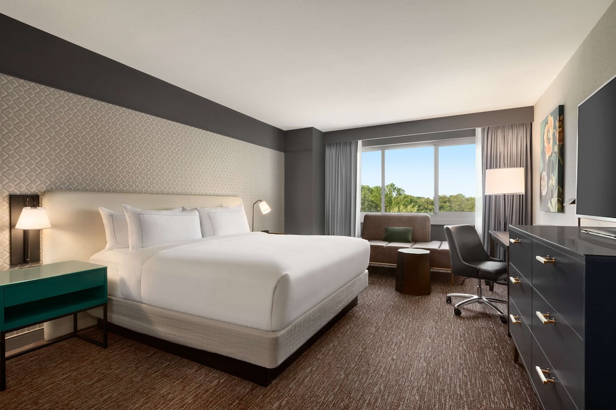 A hotel room with a large bed, a desk, a chair, a dresser, and a view of the outdoors.