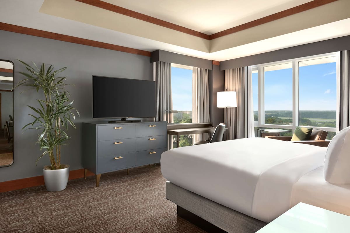 A hotel room with a large bed, a flat-screen TV, a desk with a chair, a potted plant, and a view of the city through large windows.