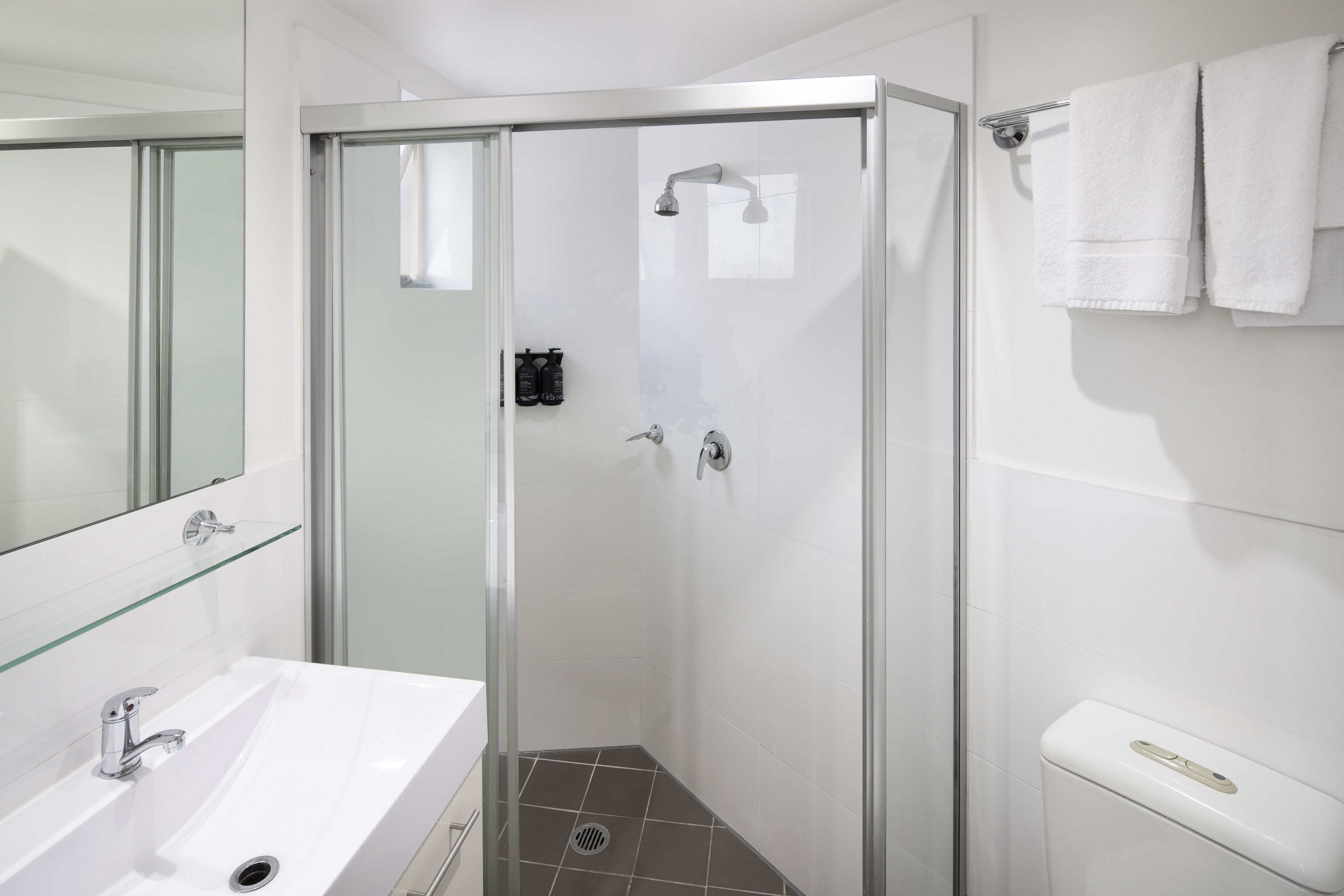 shower, free toiletries, hair dryer, towels