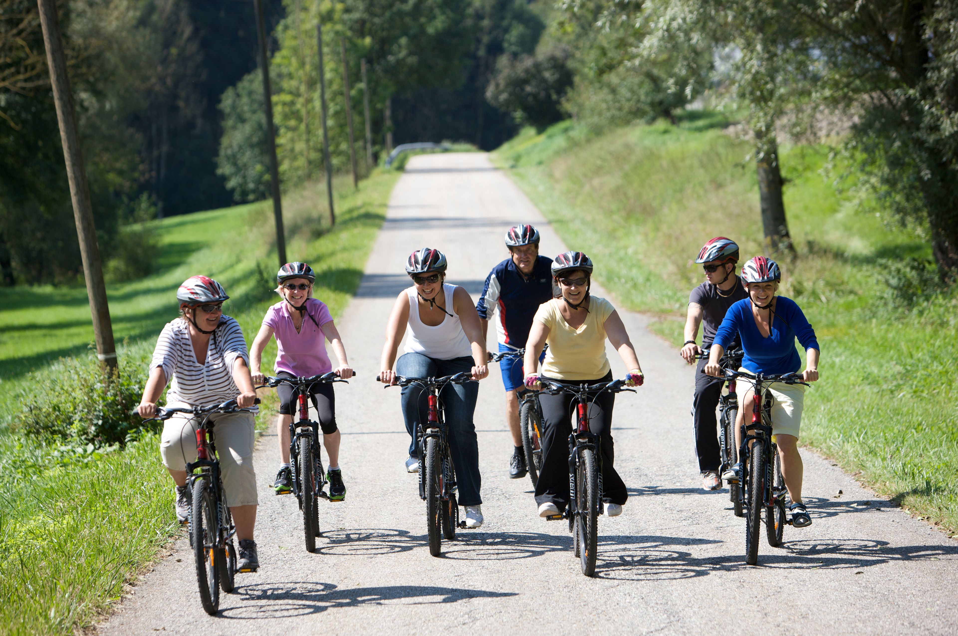 A group of cyclists on a paved path surrounded by greenery.