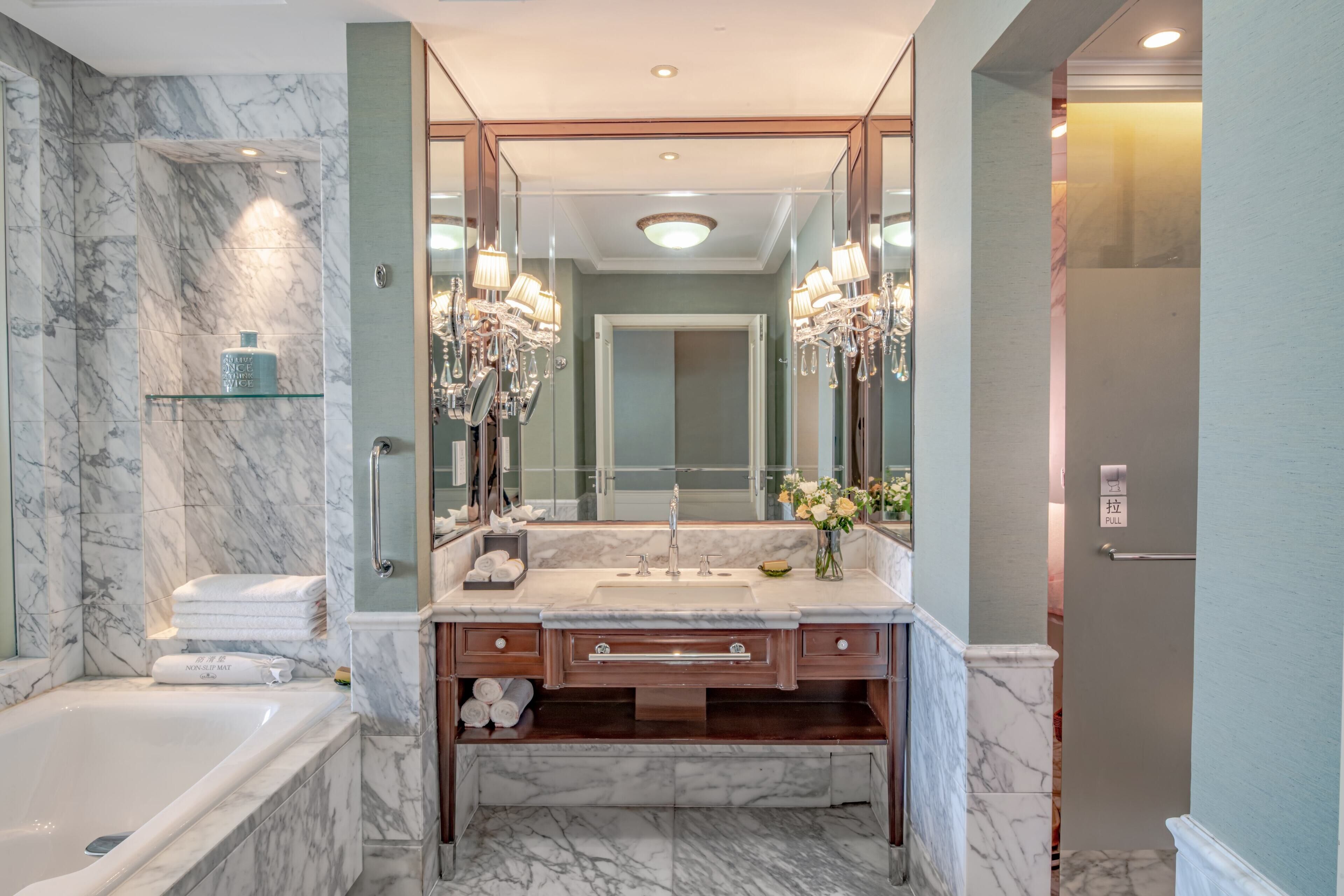 separate bathtub and shower, designer toiletries, hair dryer, bathrobes