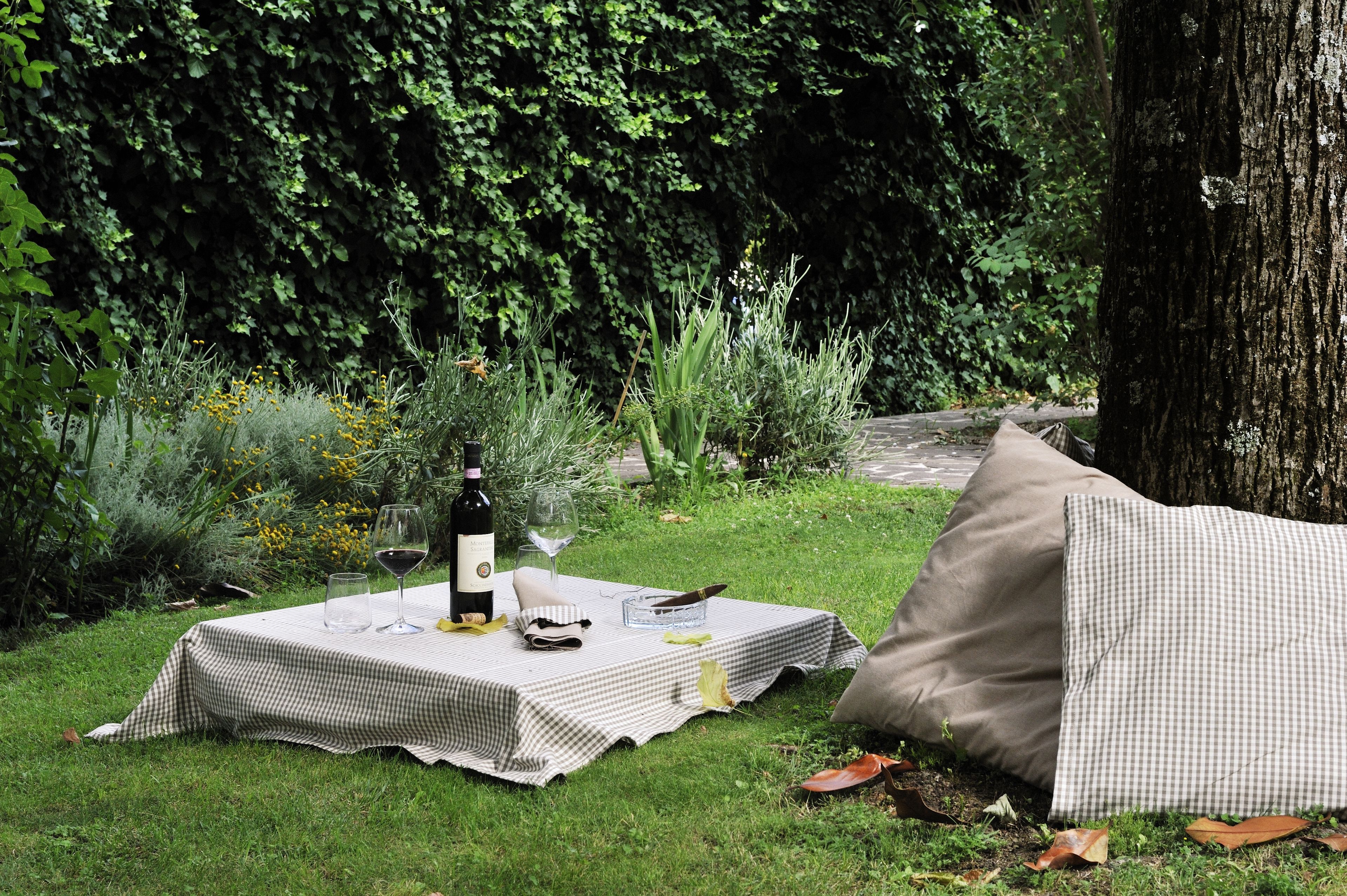 A picnic setup with a checkered tablecloth, wine bottle, glasses, and a blanket under a tree.