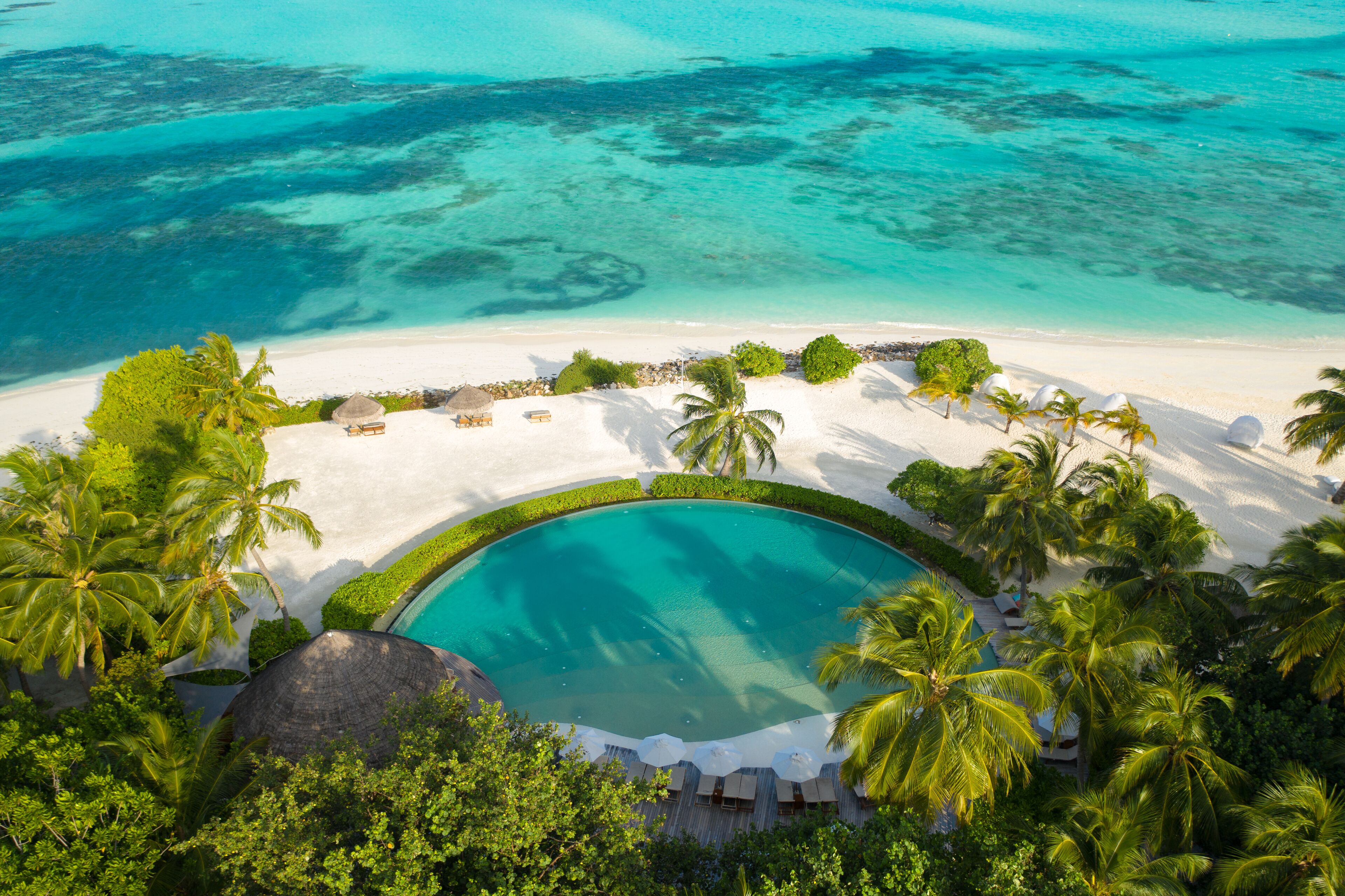 An aerial view of a resort with a large pool surrounded by palm trees and a sandy beach.