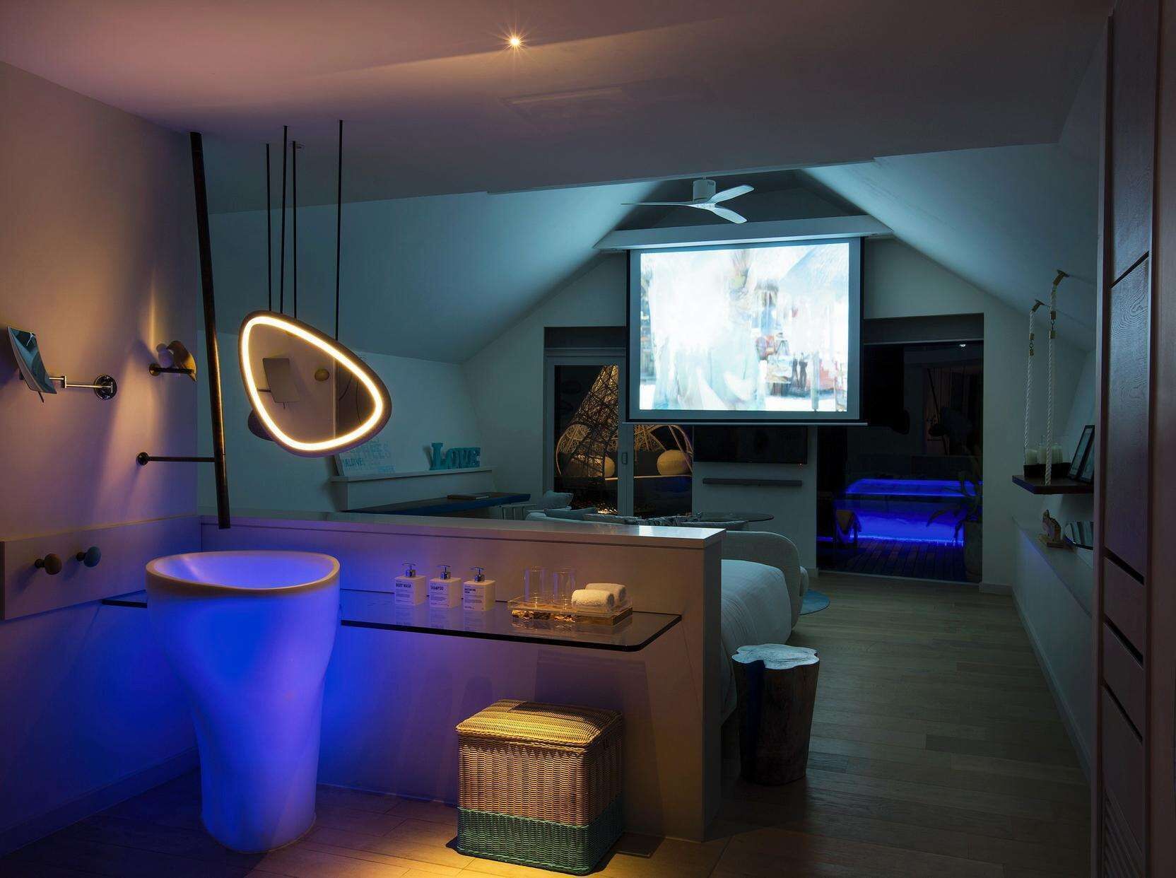 romantic pool water villa | premium bedding, minibar, in-room safe, blackout curtains