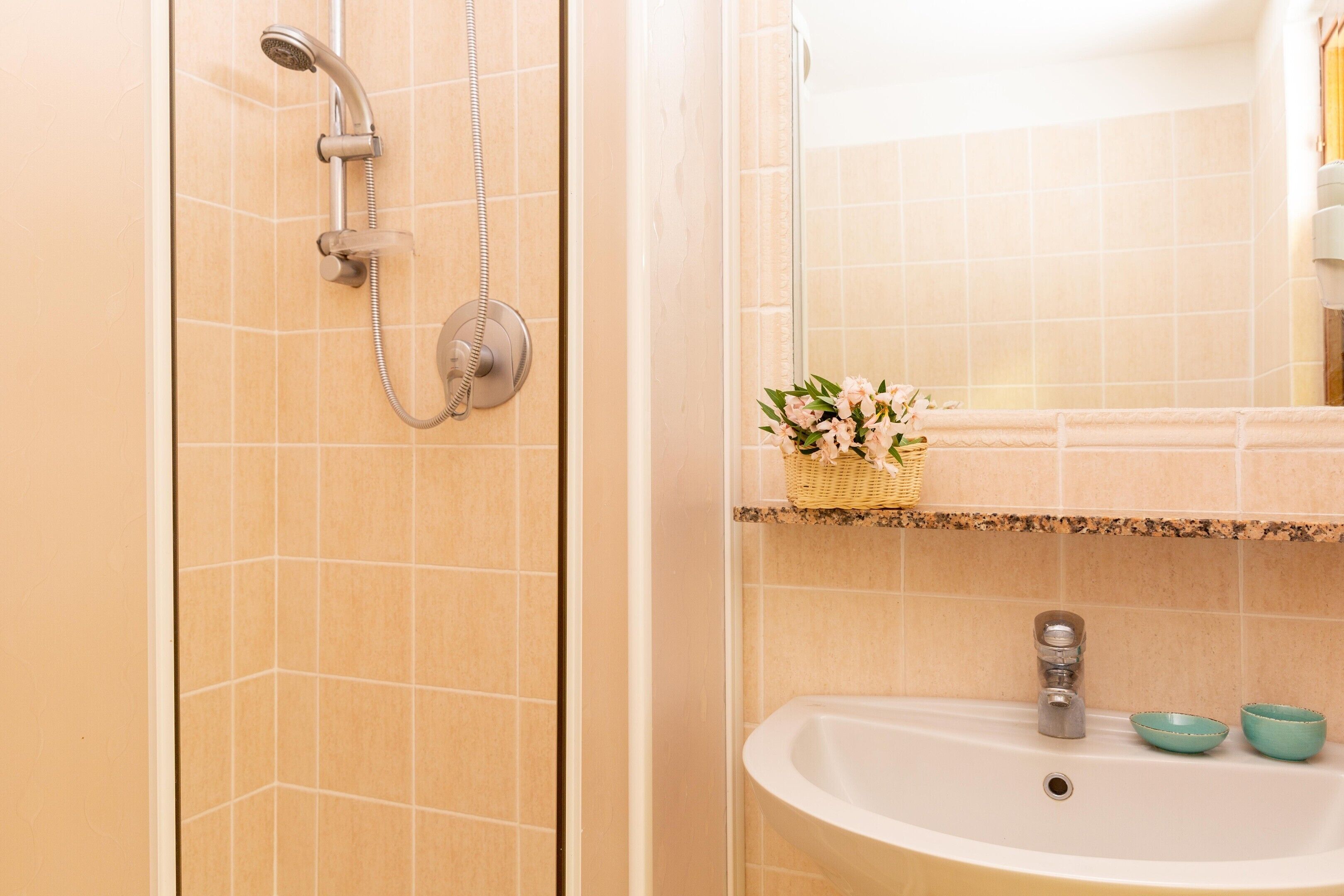 Een badkamer met een douche, een wastafel en een spiegel.