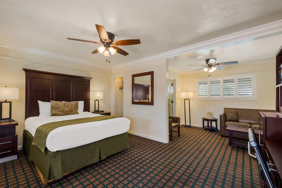 A hotel room with a bed, two ceiling fans, a sofa, a chair, and a patterned carpet.