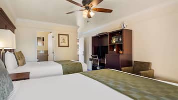 Premium bedding, pillow-top beds, desk, laptop workspace