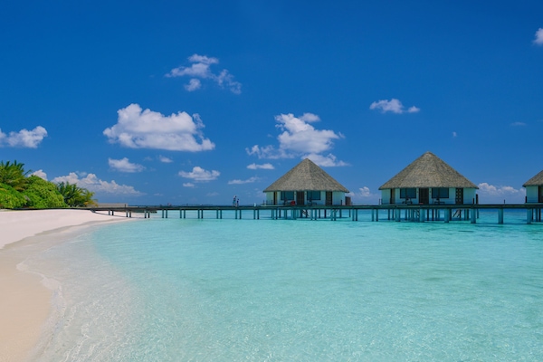 Pantai pribadi, pasir putih, kursi berjemur, dan payung pantai