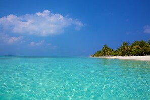 On the beach, white sand, beach towels, water skiing