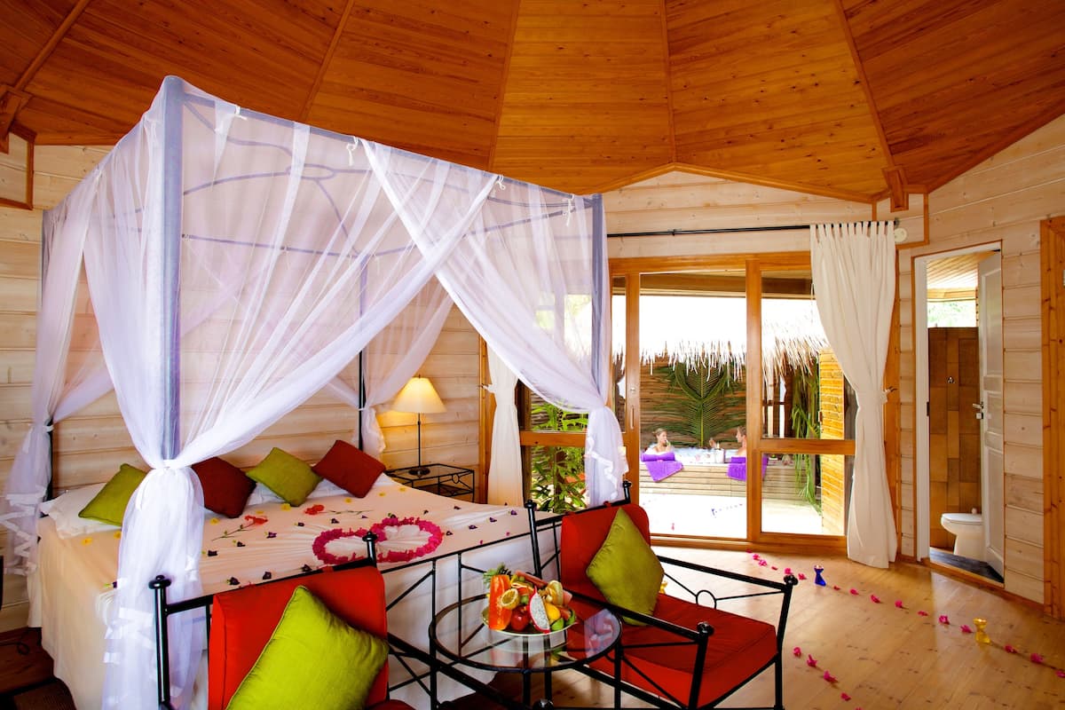 A room with a bed under a canopy, a table with fruit, and a view of the outside.