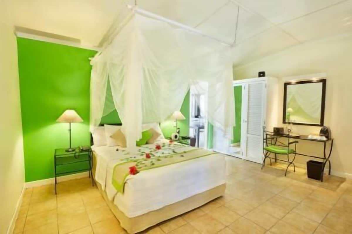 A room with a bed, a desk, a chair, a mirror, and a green wall.