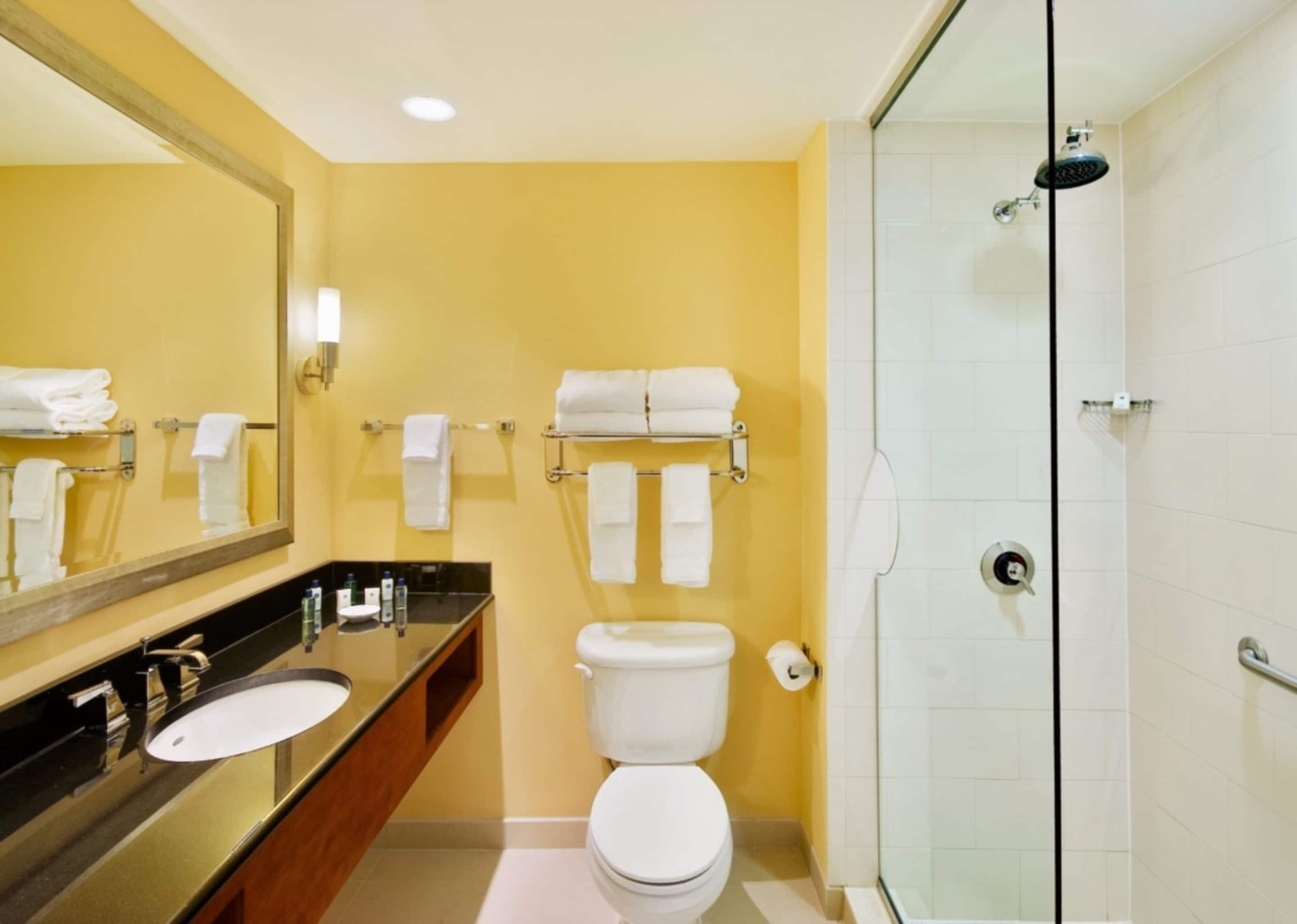 Un baño con inodoro, lavamanos y ducha.