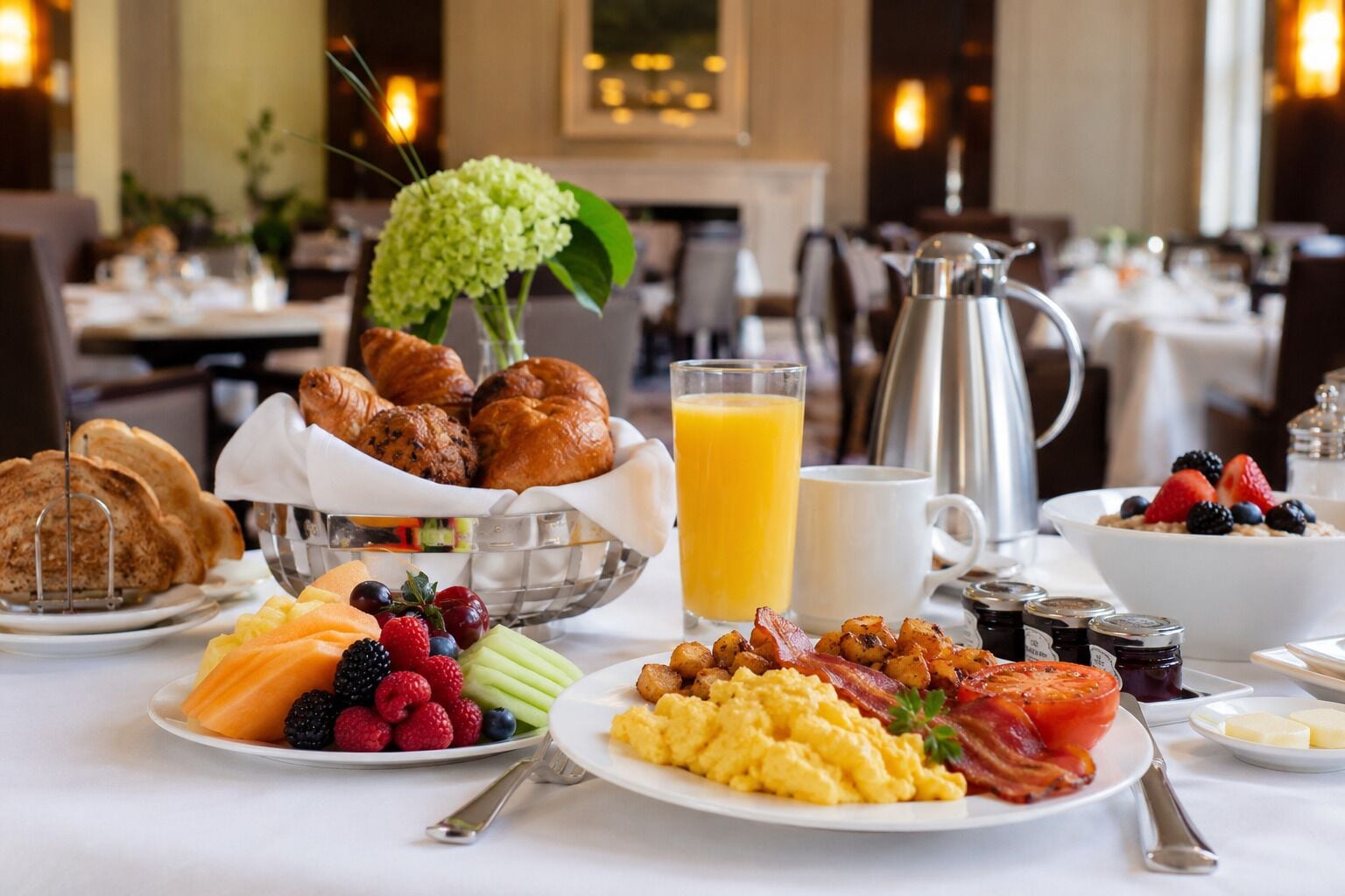 A breakfast buffet with various food items, a pitcher of orange juice, and a coffee pot.