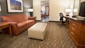 A hotel room with a sofa, a desk, a chair, a television, and a framed picture on the wall.