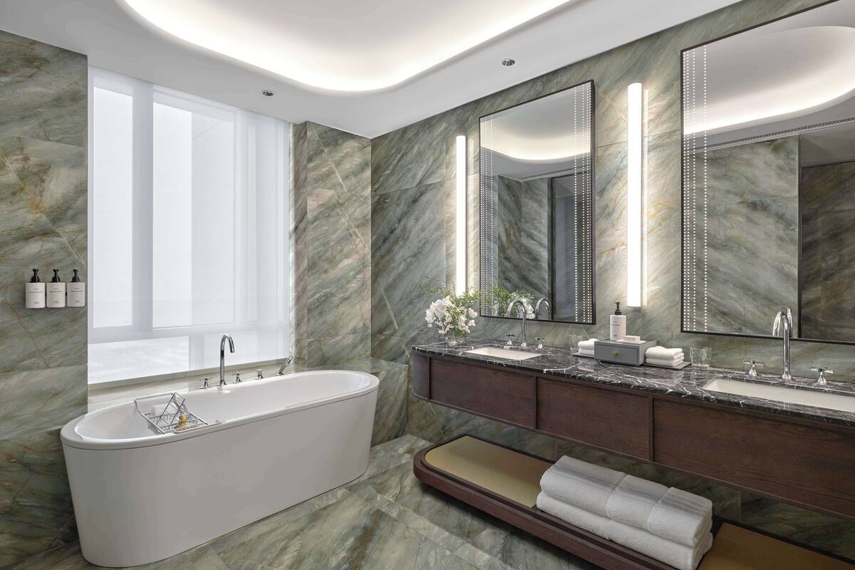 presidential suite | bathroom | separate bathtub and shower, deep-soaking bathtub, rainfall showerhead