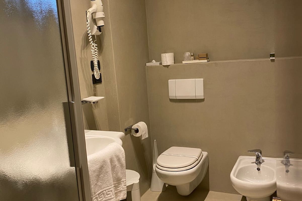 shower, hair dryer, slippers, bidet