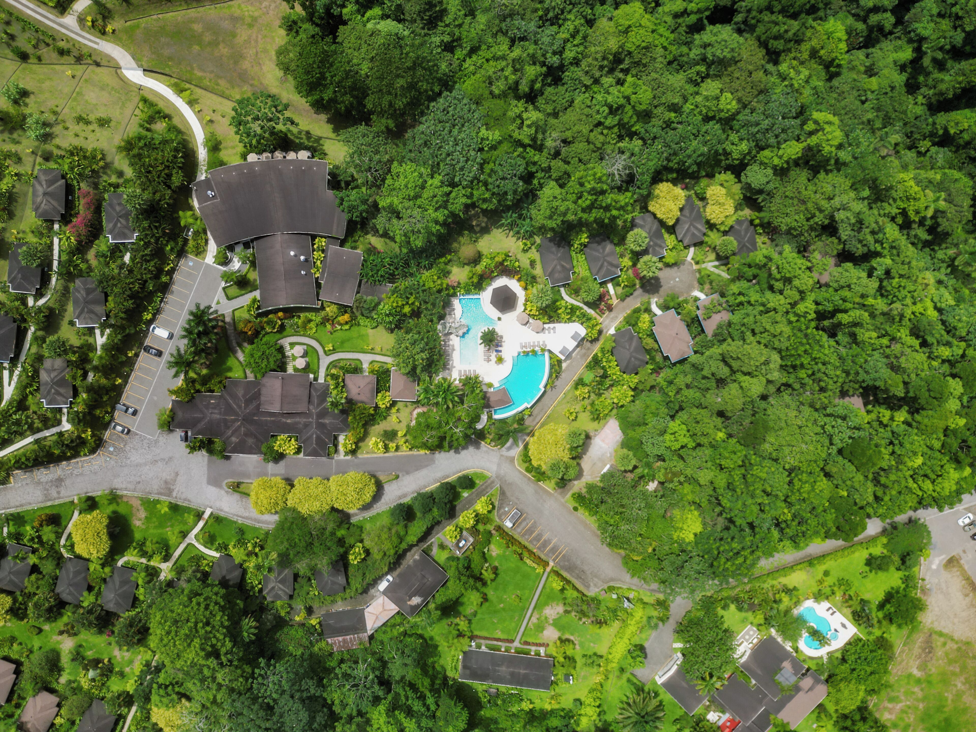 Vista aérea de un barrio residencial con varias casas, una piscina y un camino sinuoso.