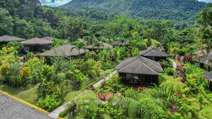 A resort with multiple bungalow-style buildings surrounded by lush tropical gardens and a mountain in the background.