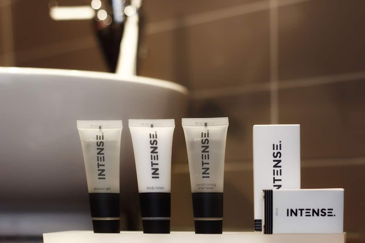 free toiletries, hair dryer, towels