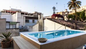Piscina en la azotea con vista a edificios circundantes y una palmera.