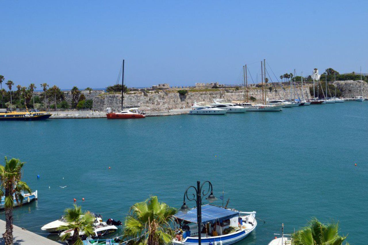 A marina with boats docked, a stone wall, and palm trees.