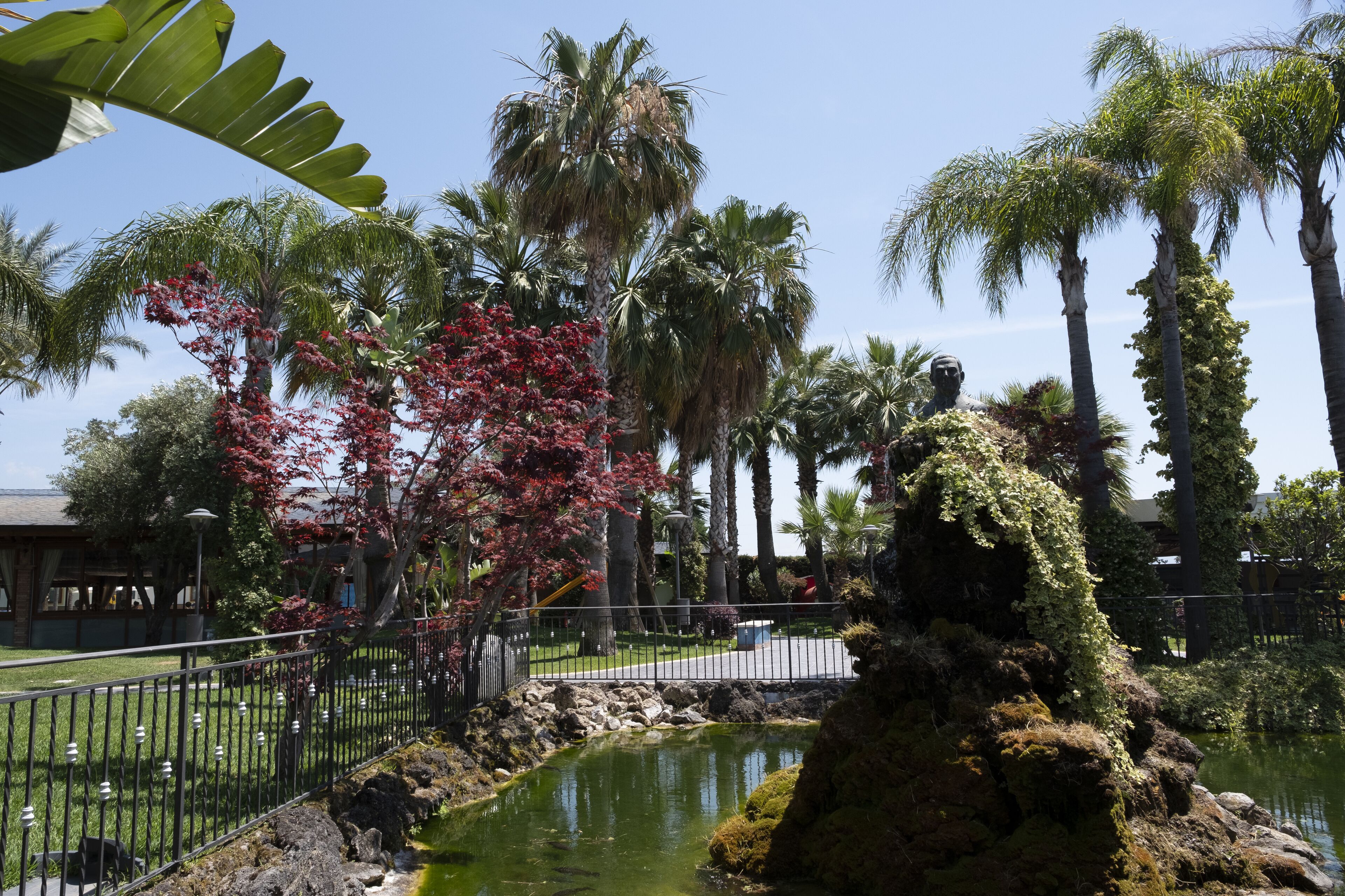 Un giardino curato con uno stagno, palme e una formazione rocciosa.