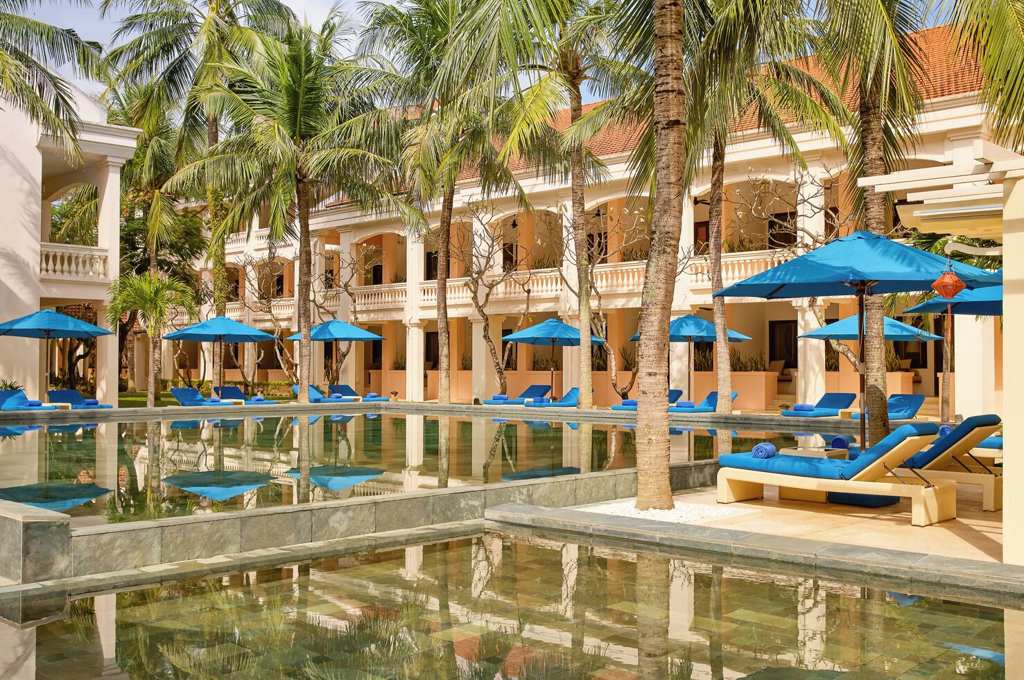 Outdoor pool, pool umbrellas, pool loungers