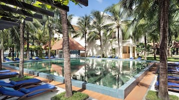 Outdoor pool, pool umbrellas, pool loungers