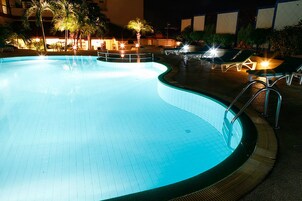Outdoor pool, pool umbrellas, pool loungers