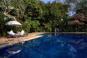 Outdoor pool, pool umbrellas, pool loungers