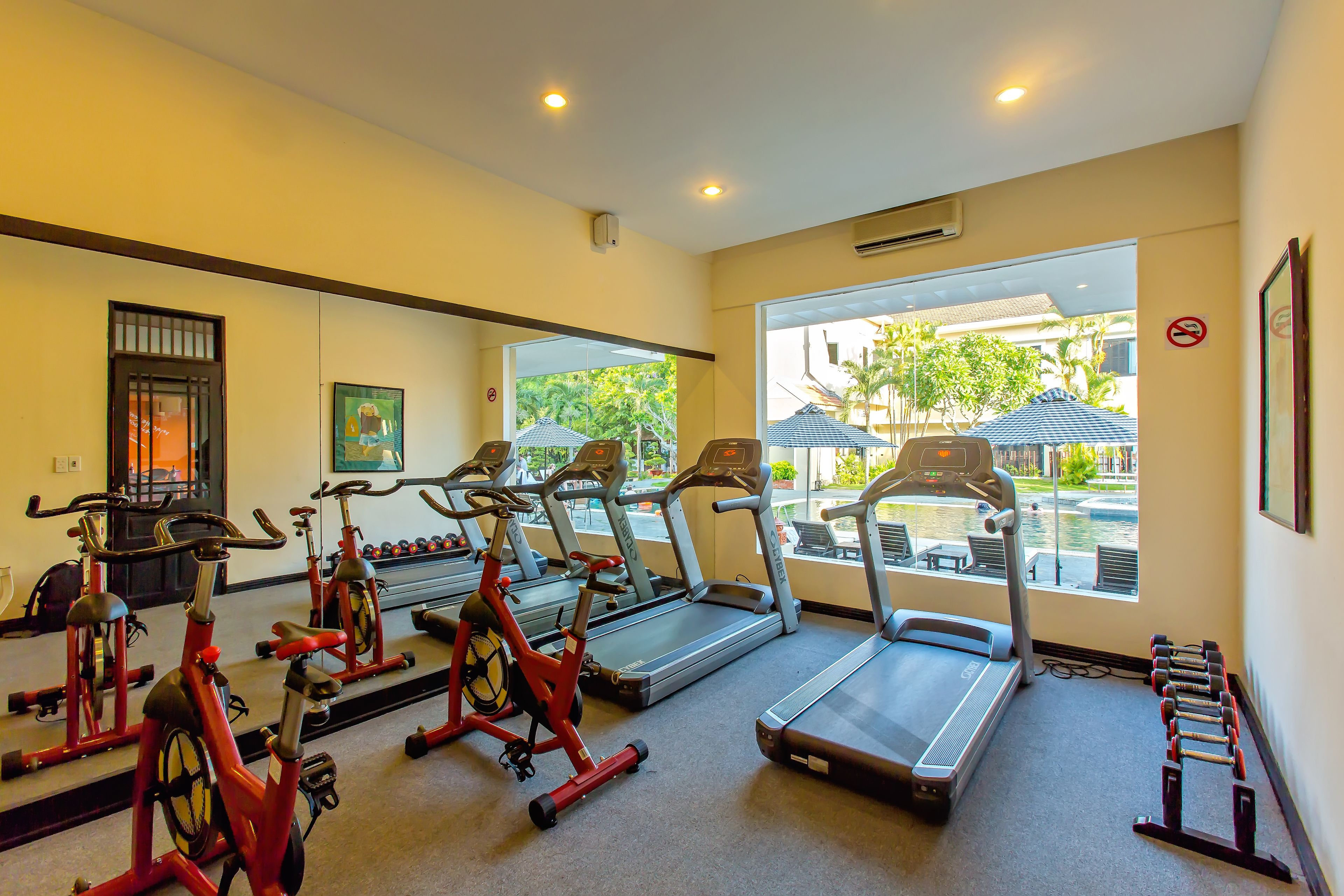 A gym with treadmills, stationary bikes, and dumbbells.