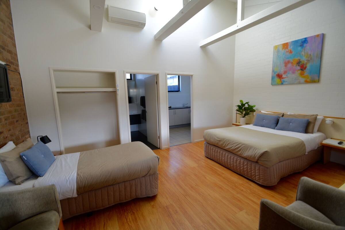 A modern bedroom with two beds, a walk-in closet, and a view of the kitchen.