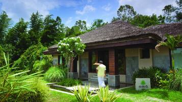 A building with a thatched roof, surrounded by lush greenery and a clear sky.