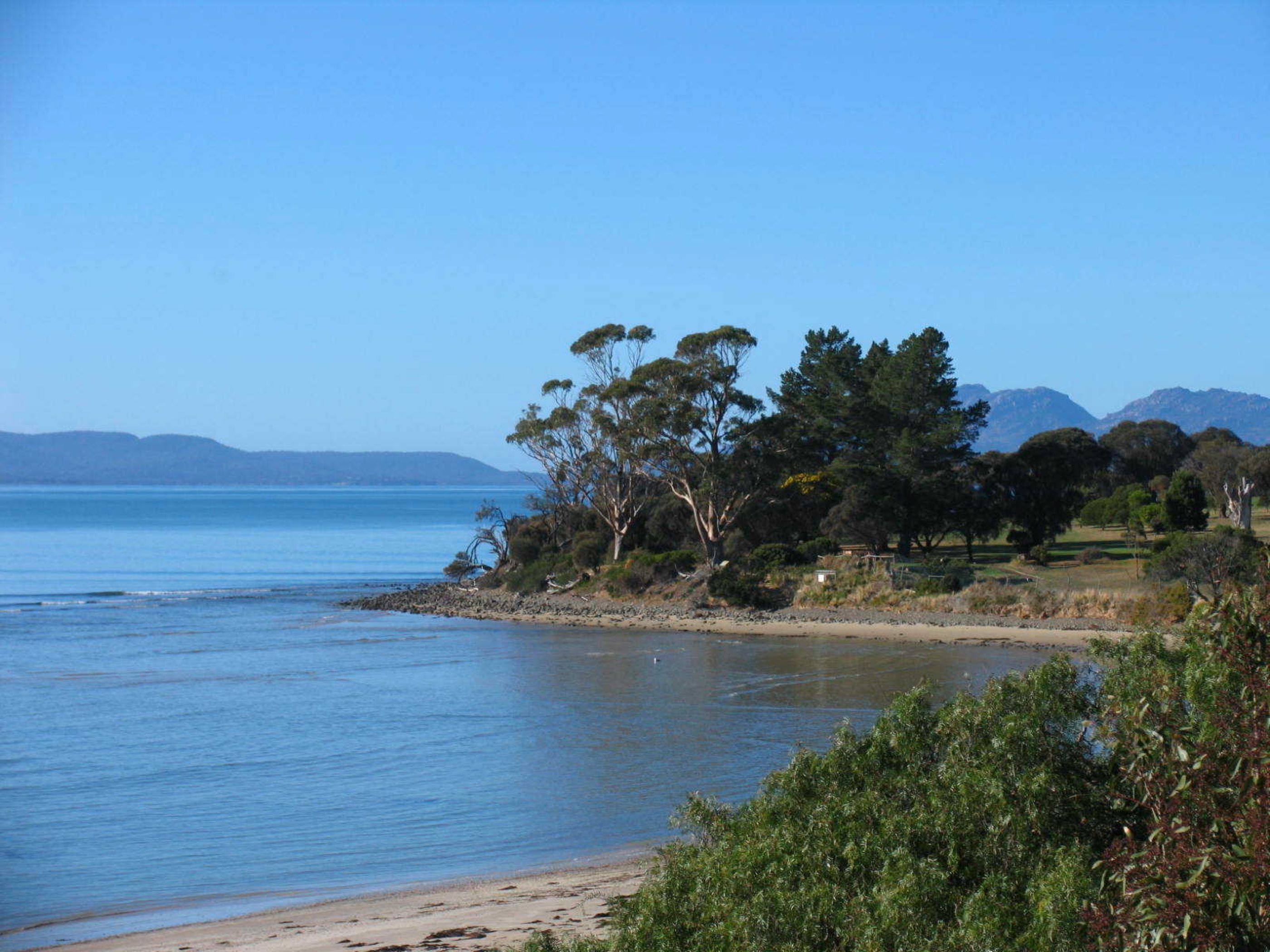 A coastal landscape with a beach, trees, and mountains in the background.