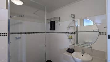 A modern bathroom with a glass shower enclosure, a white sink, and a mirror with a glass shelf above it.