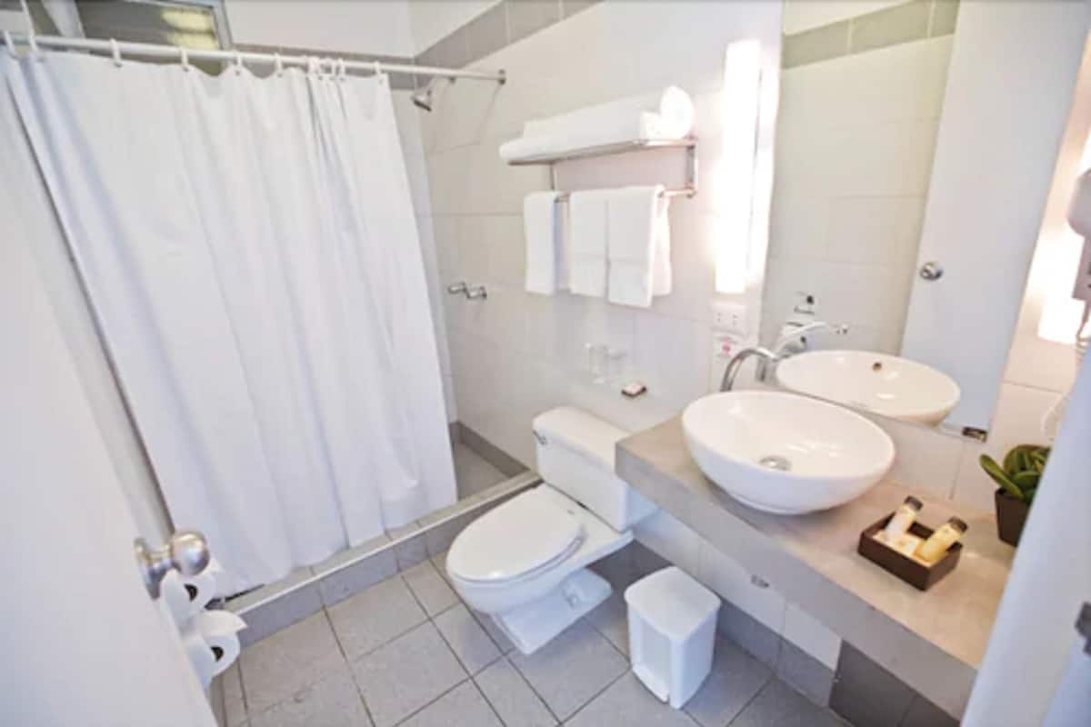 standard room, 1 queen bed | bathroom | shower, free toiletries, hair dryer, towels