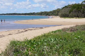 A beach with clear water, a sandy shore, and some greenery in the foreground.