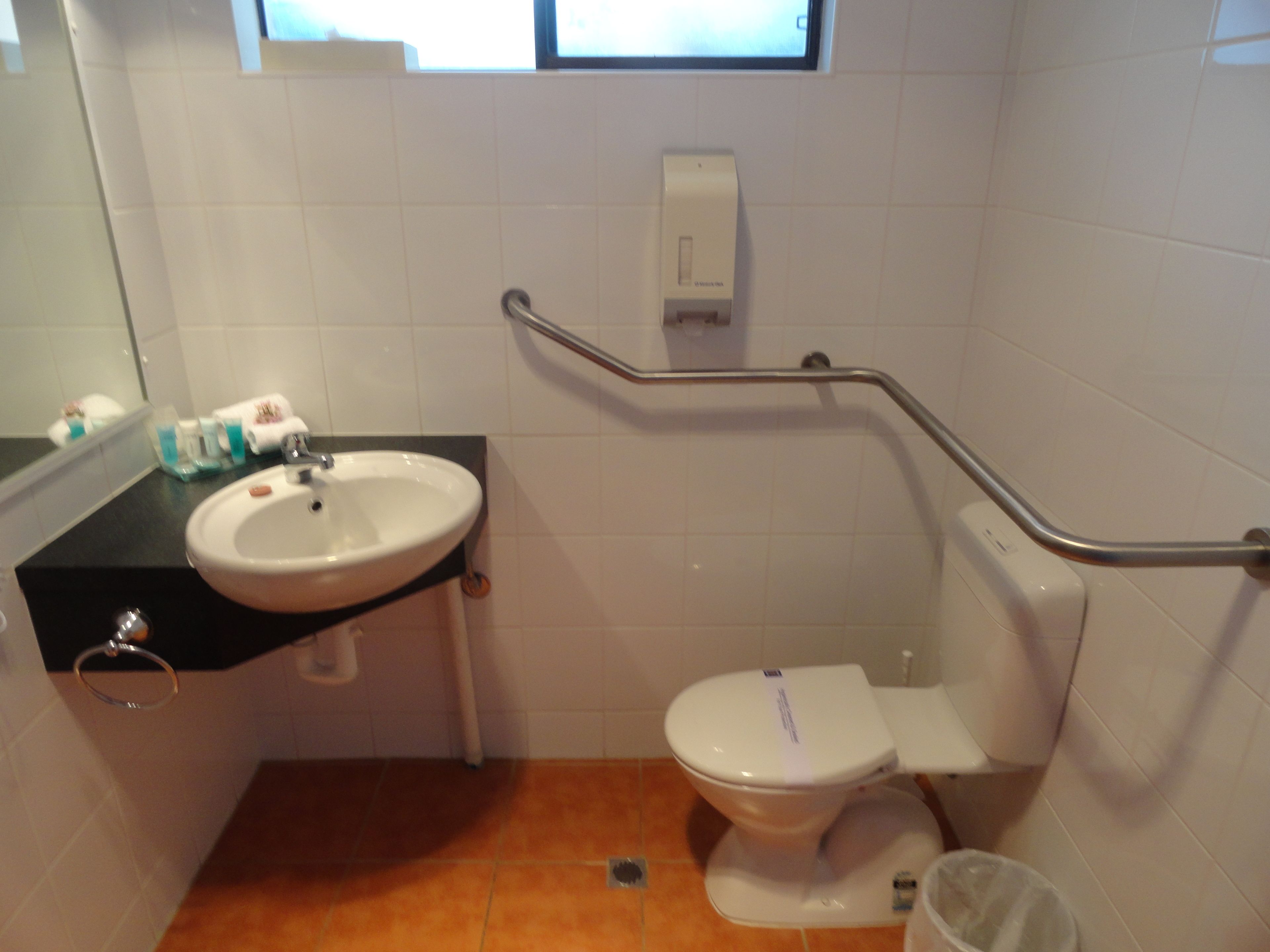 Une petite salle de bain avec un lavabo, des toilettes et une barre d’appui.
