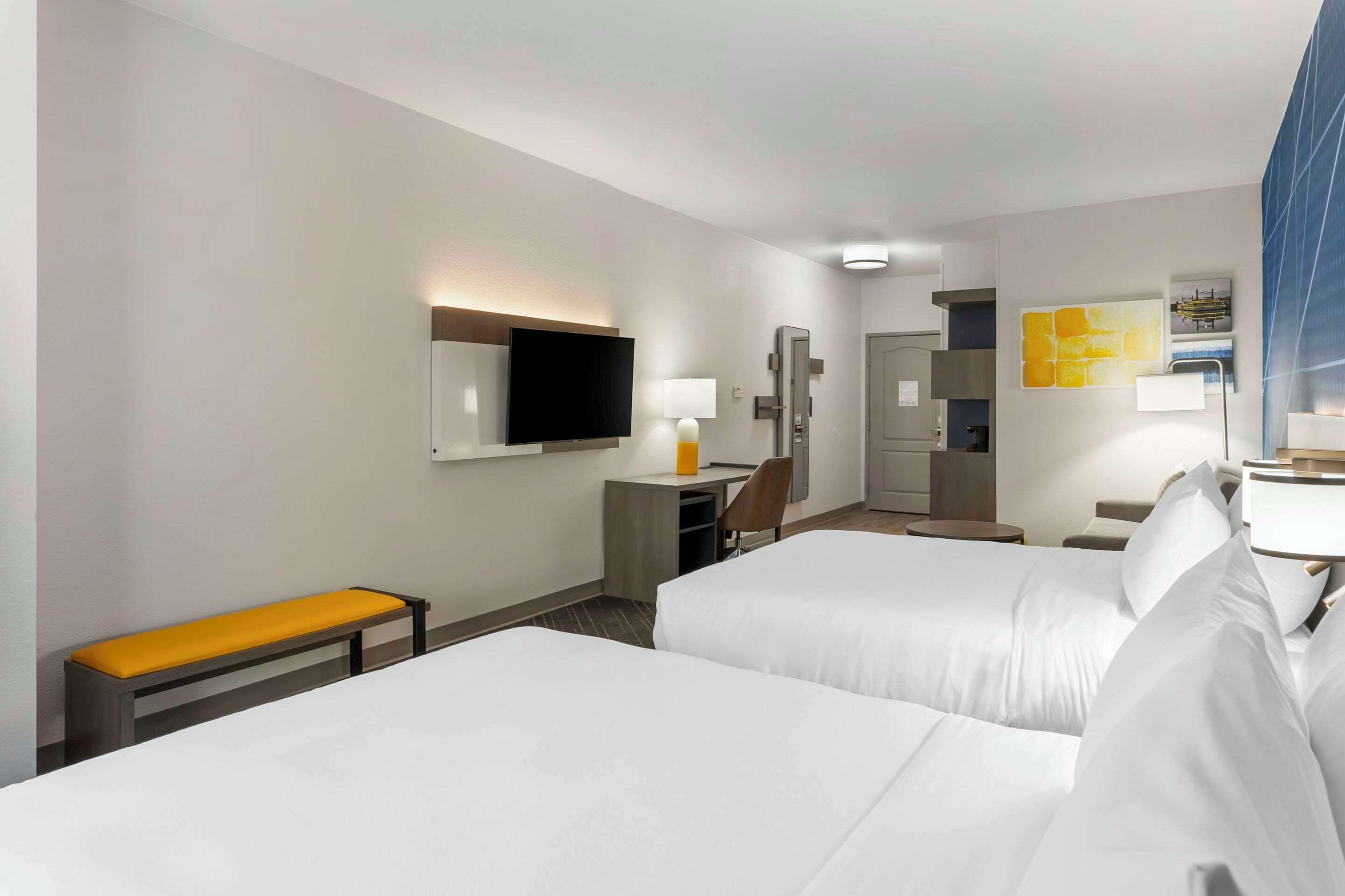 pillow-top beds, desk, blackout curtains, iron/ironing board